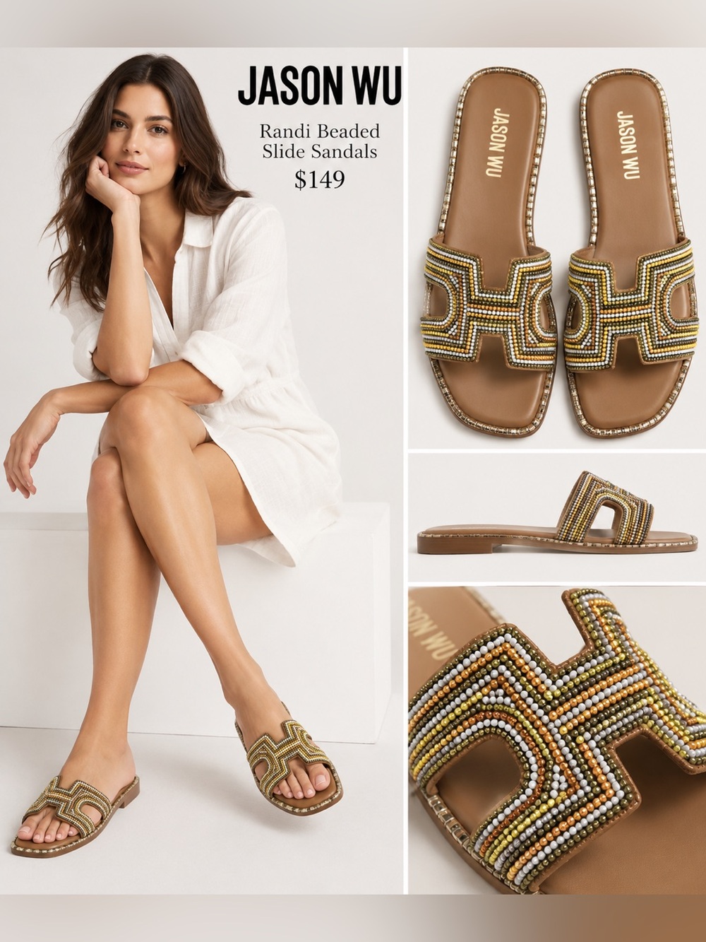 Jason Wu Beaded H Logo Slide Sandals Size 9 Gold Multicolor NWOT